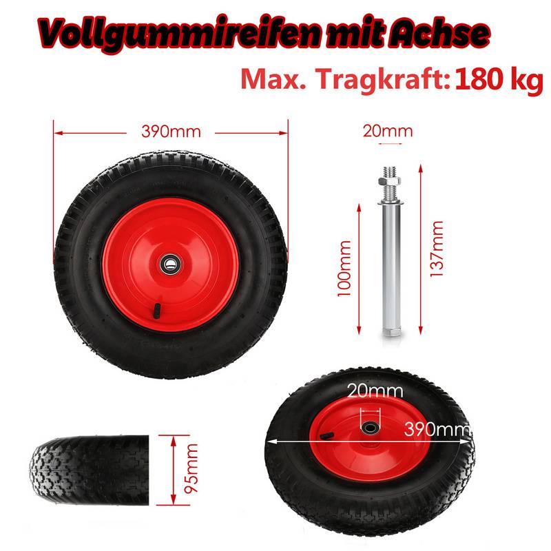 Schubkarrenrad Schlauch Vollgummi Ersatzrad Reifen mit Achse 4.80/4.00-8 390 mm 2X