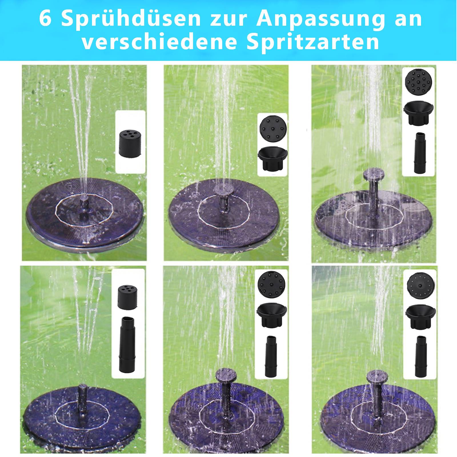 SolarPumpe 1.5W Solar Springbrunnenpumpe Fontäne Solar Teichpumpe mit 6 Fontänenstilen 190L/h Sola Wasserpumpe Solarbrunnen