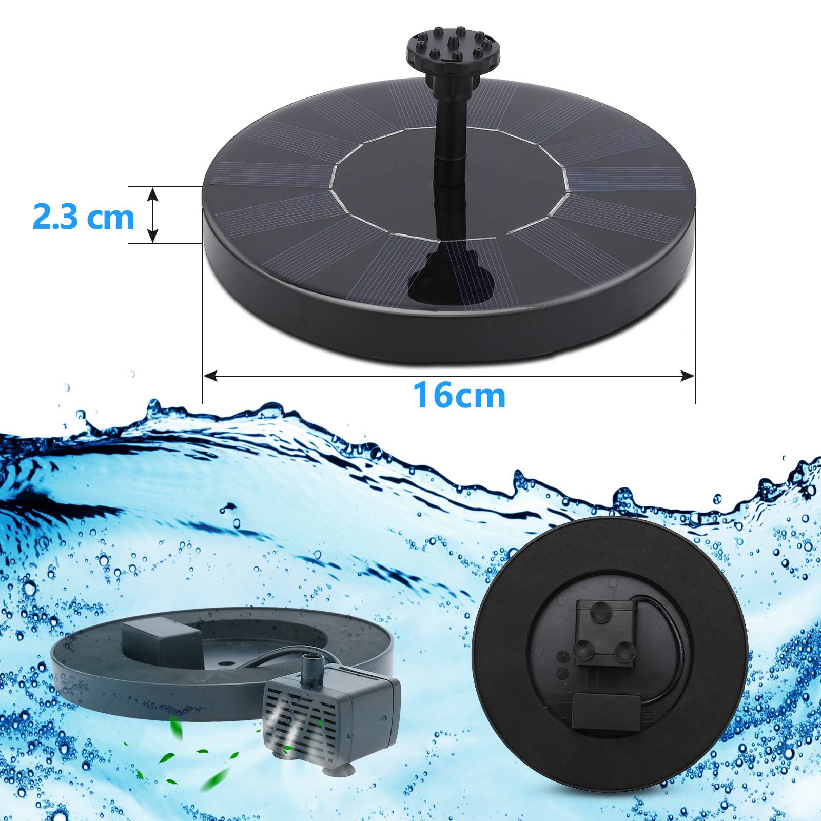 SolarPumpe 1.5W Solar Springbrunnenpumpe Fontäne Solar Teichpumpe mit 6 Fontänenstilen 190L/h Sola Wasserpumpe Solarbrunnen