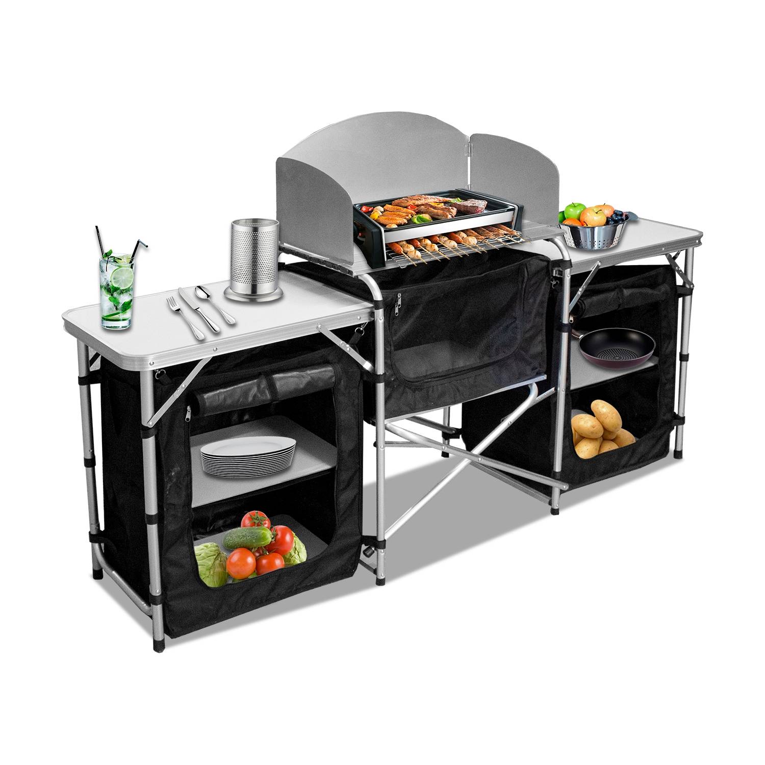 Campingküche Campingtisch aus Alu, faltbar Campingschrank inkl Tragetasche, für Picknick, Camping, Outdoor - Groß Size：164.5x52x104 cm
