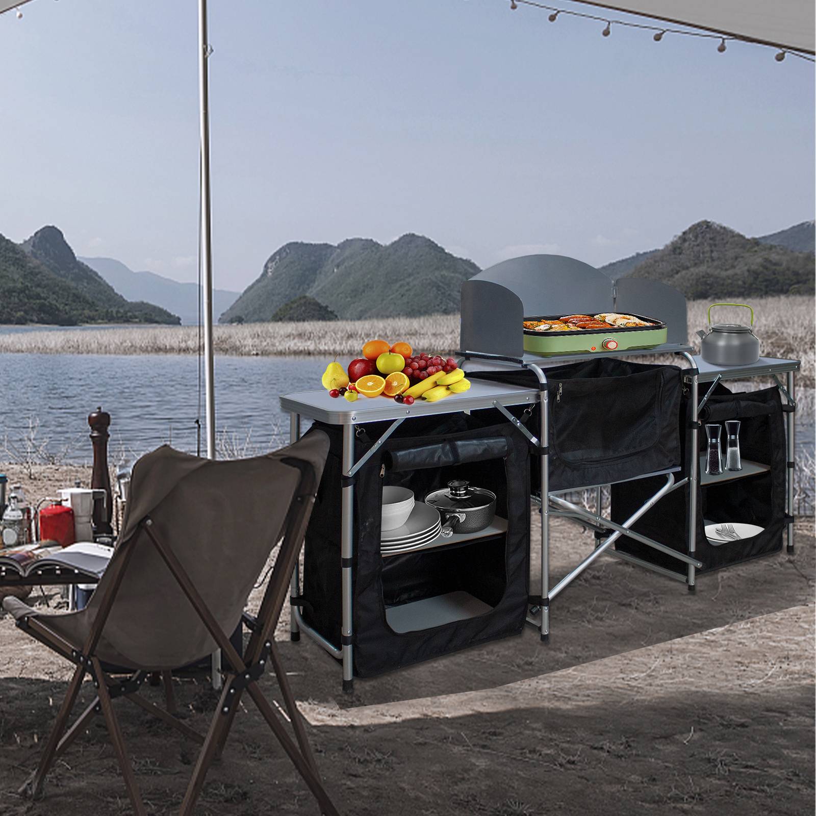 Campingküche Campingtisch aus Alu, faltbar Campingschrank inkl Tragetasche, für Picknick, Camping, Outdoor - Groß Size：164.5x52x104 cm
