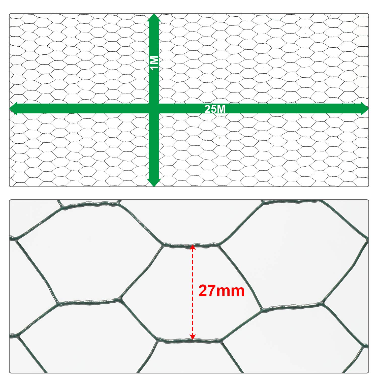 Drahtzaun Sechskantgeflecht 10/25m Silbrig Maschendrahtzaun 25mm aus verzinktem Stahl 1m x 25m