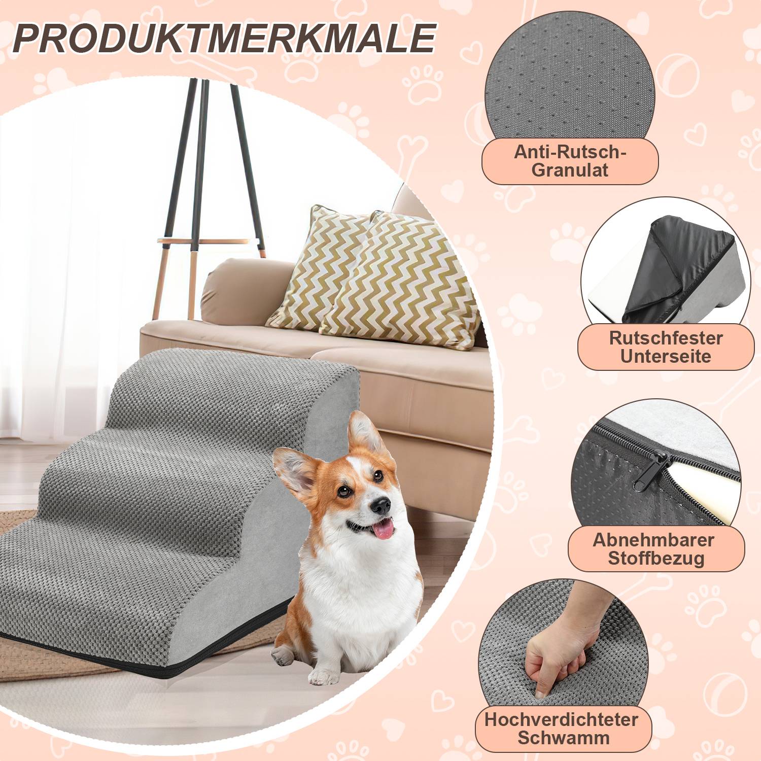 3-stufige Hundetreppe Rutschfeste Haustierrampe Treppen Hunderampe fuer Haustier Hundestufen Abnehmbar und waschbar