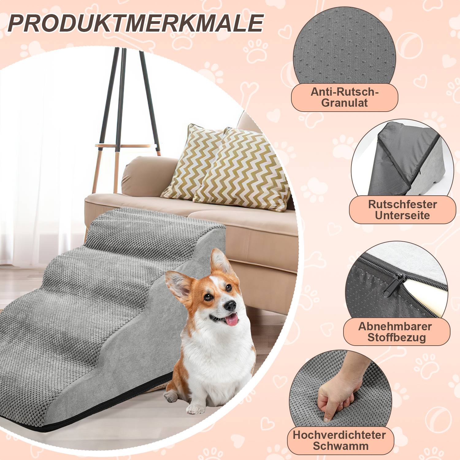 4-stufige Hundetreppe Rutschfeste Haustierrampe Treppen Hunderampe fuer Haustier Hundestufen Abnehmbar und waschbar