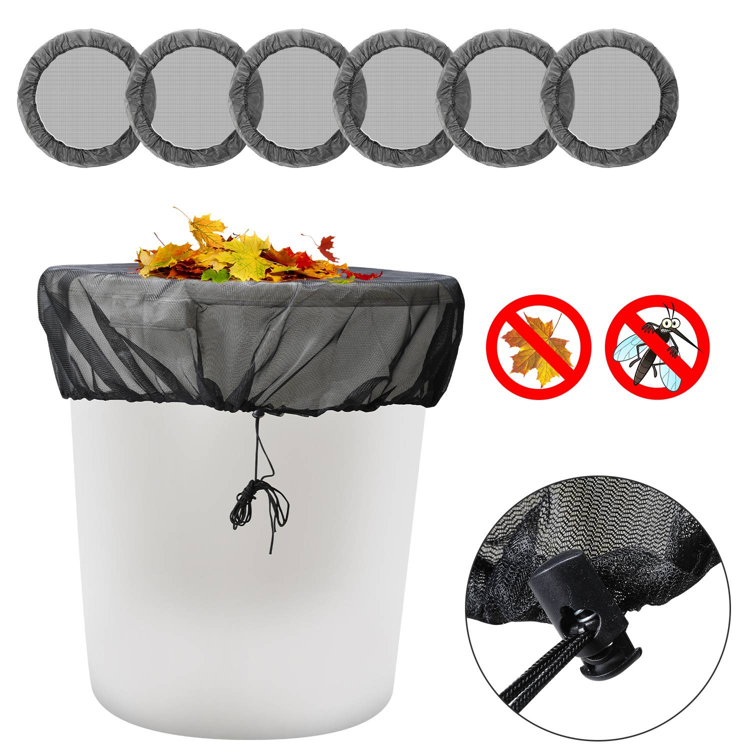 Regentonnen Netz 6x Abdeckung für Regentonnen Rund - Regentonnen-Netz mit Zugkordel 95cm Regentonnen Netz
