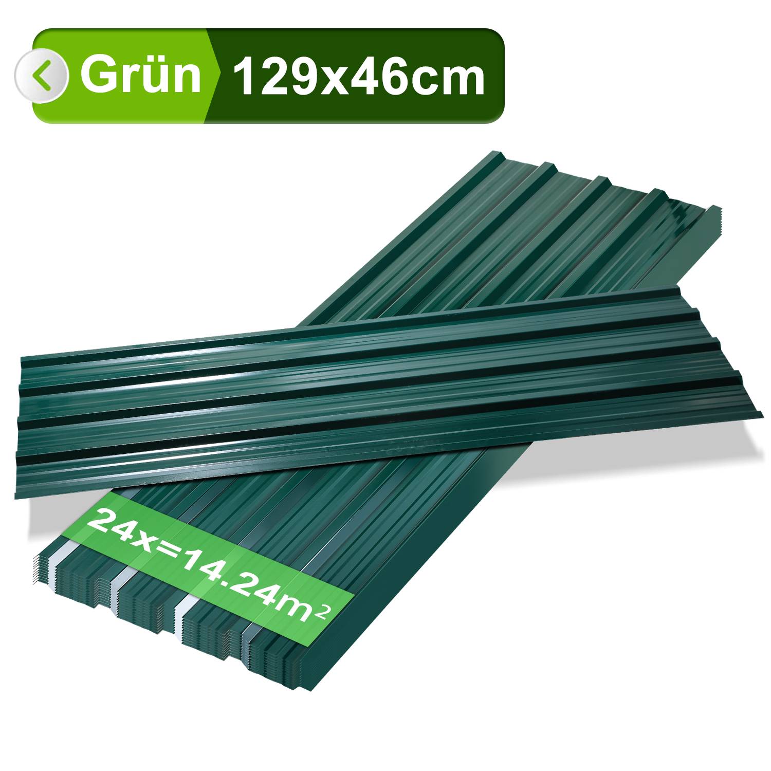 Trapezblech Dachpaneele 12/24/36 Stk 129x46cm, Verzinkter Stahl Profilblech Dachblech Wellblech - Grün 21㎡ 36x