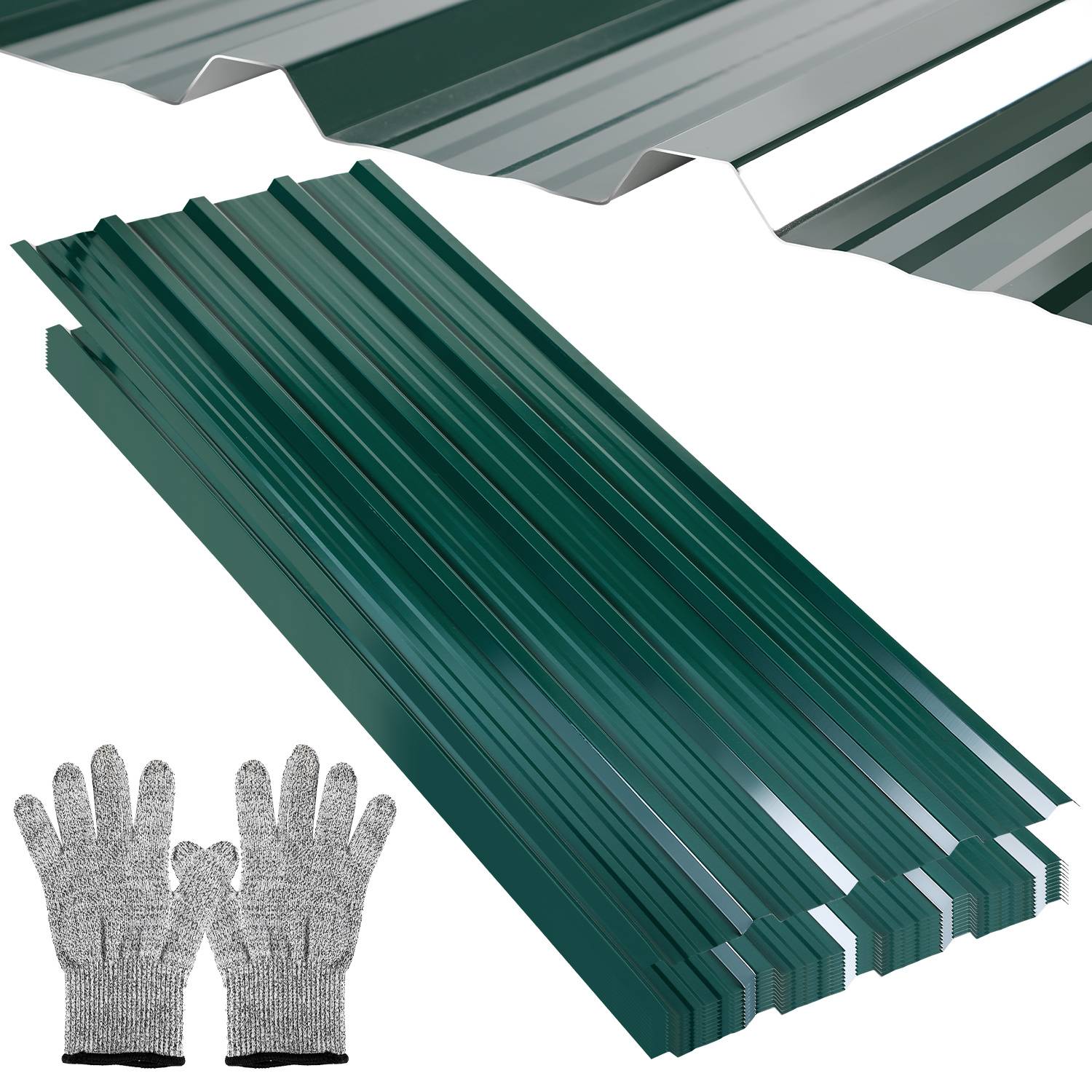 Grüne, gewellte Metallbedachungspaneele mit einem Paar grauer Arbeitshandschuhe, die Bedachungsmaterial und Schutzausrüstung zeigen.