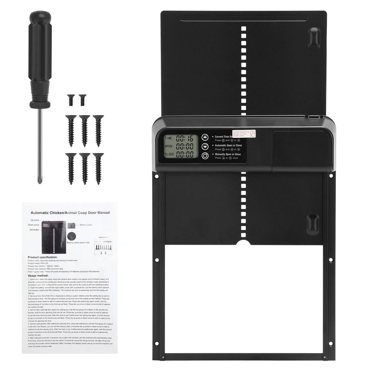 Automatisches Hühnerstall-Türset mit schwarzer motorisierter Tür, Schraubendreher, Schrauben und Bedienungsanleitung.