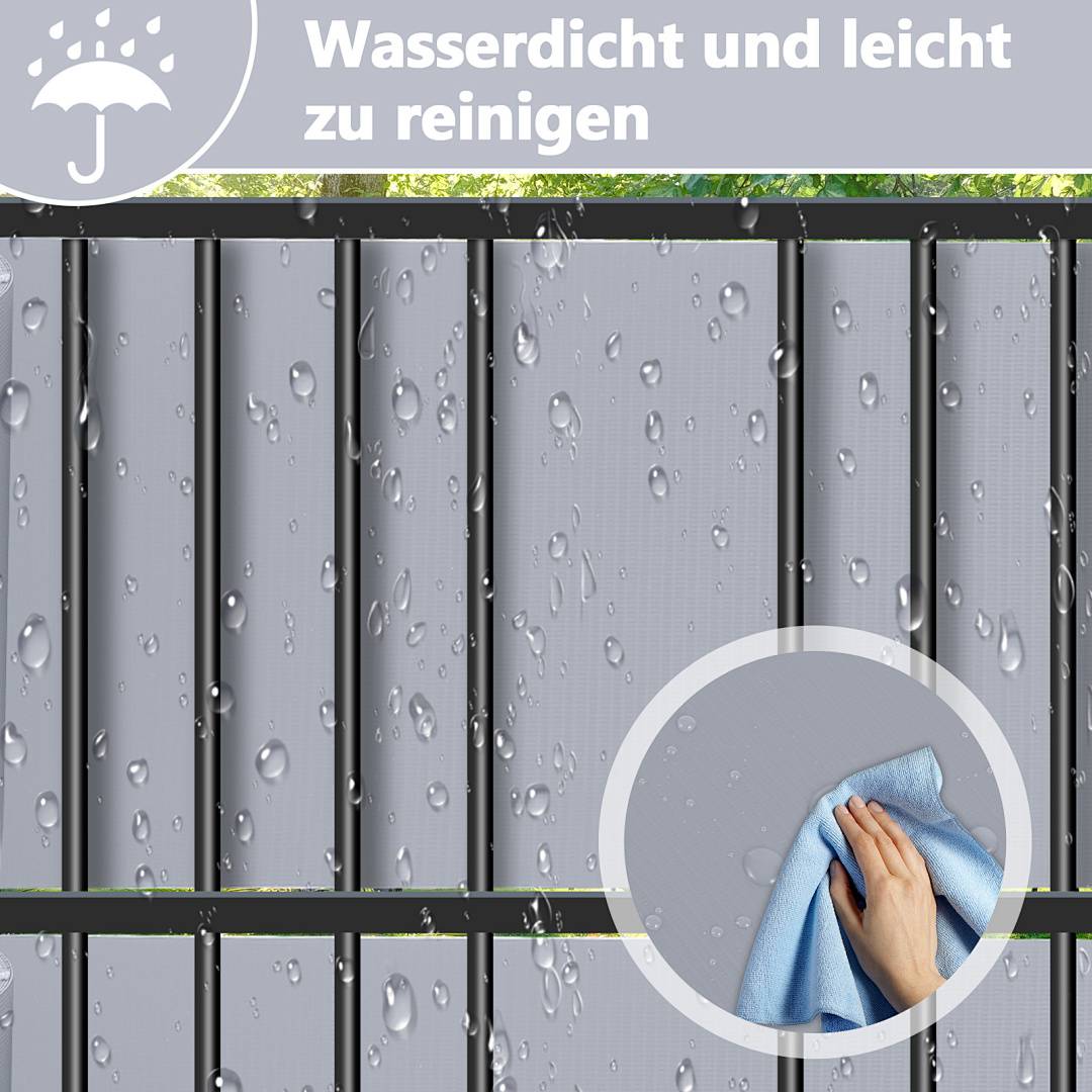 Produktbild eines wasserdichten Zaunpanels mit Text „Wasserdicht und leicht zu reinigen" und einer Hand, die es mit einem Tuch abwischt.