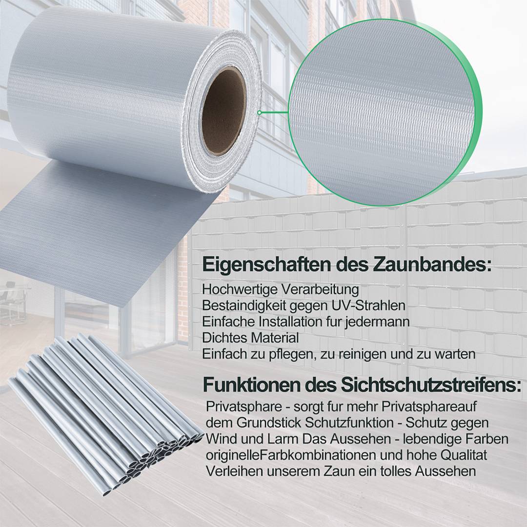 Sichtschutzstreifen Zaun Folie Blickdicht Dick PVC Doppelseitiger Reflexionsarm Sonnenschutz Sichtschutzfolie 8 Rollen á 50m x 19cm Grau