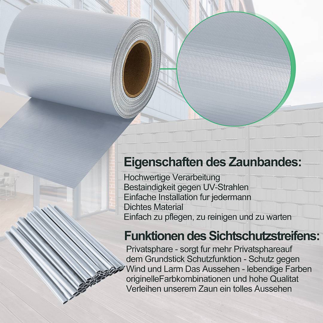 Werbebildeines grauen Zaunsichtschutz-Streifens mit einer Rolle und geschnittenen Streifen, mit deutschem Text, der Eigenschaften und Funktionen auflistet wie UV-Beständigkeit, einfache Installation, Privatsphäre und Wind- sowie Lärmschutz.
