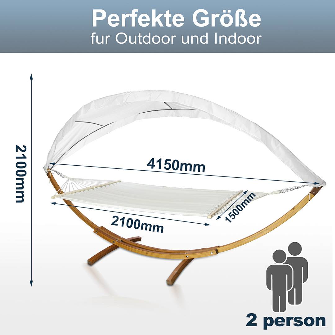Produktabbildung einer Zwei-Personen-Hängematte mit Gestell und Baldachin, gekennzeichnet mit „Perfekte Größe für Outdoor und Indoor"; Abmessungen angegeben: 4150 mm lang, 2100 mm breit, 2100 mm hoch, 1500 mm Baldachininbreite.