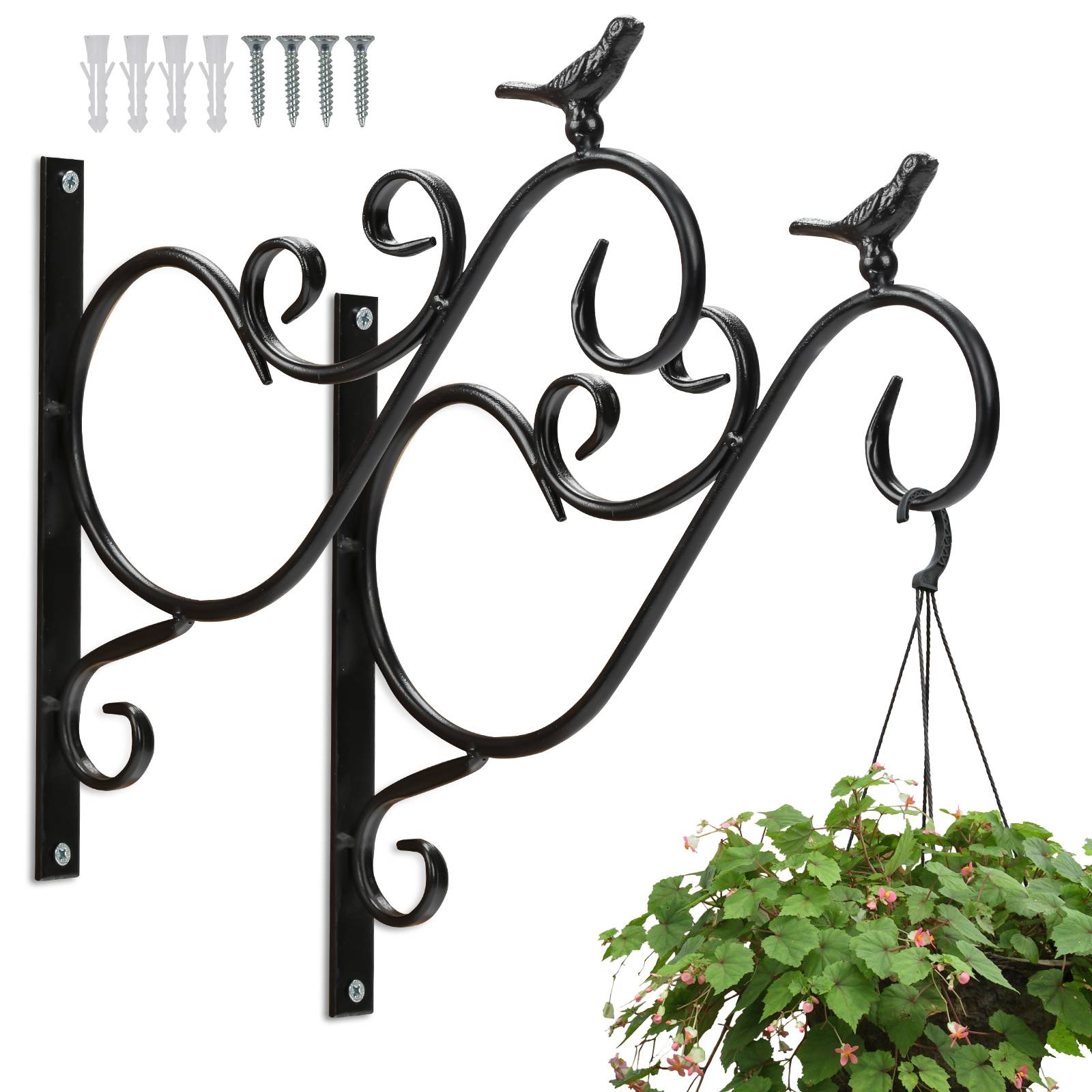 2 Stück Haken Wandhalterung Blumenampel Landhaus Gusseisen Konsole Regal Aufhänger Wandhaken Blumenhaken Laternenhalter Vogel 26 cm