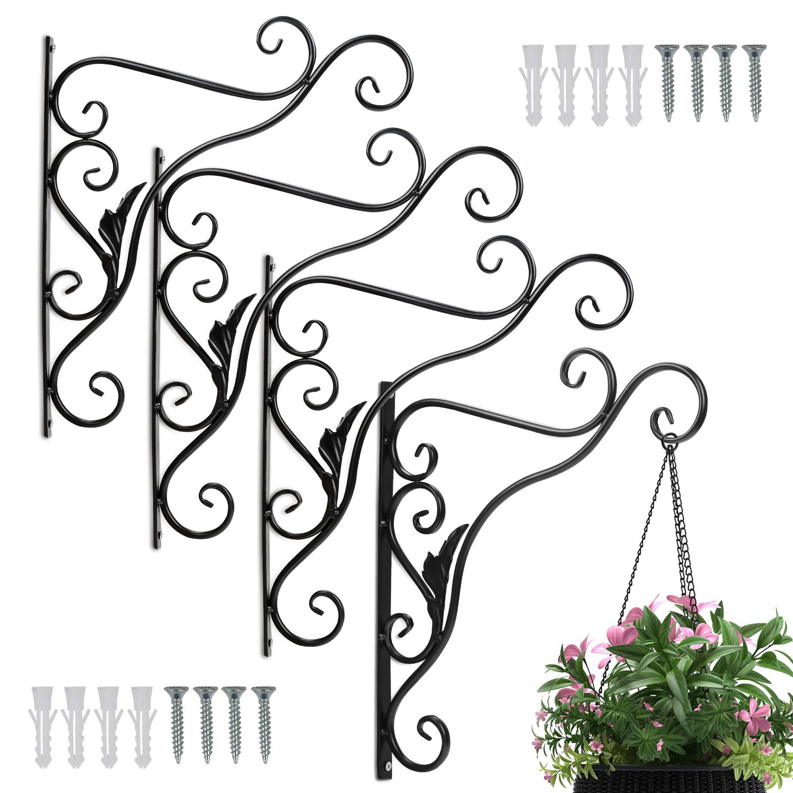 4 Stück Haken Wandhalterung Blumenampel Landhaus Gusseisen Konsole Regal Aufhänger Wandhaken Blumenhaken Laternenhalter Blatt 35 cm
