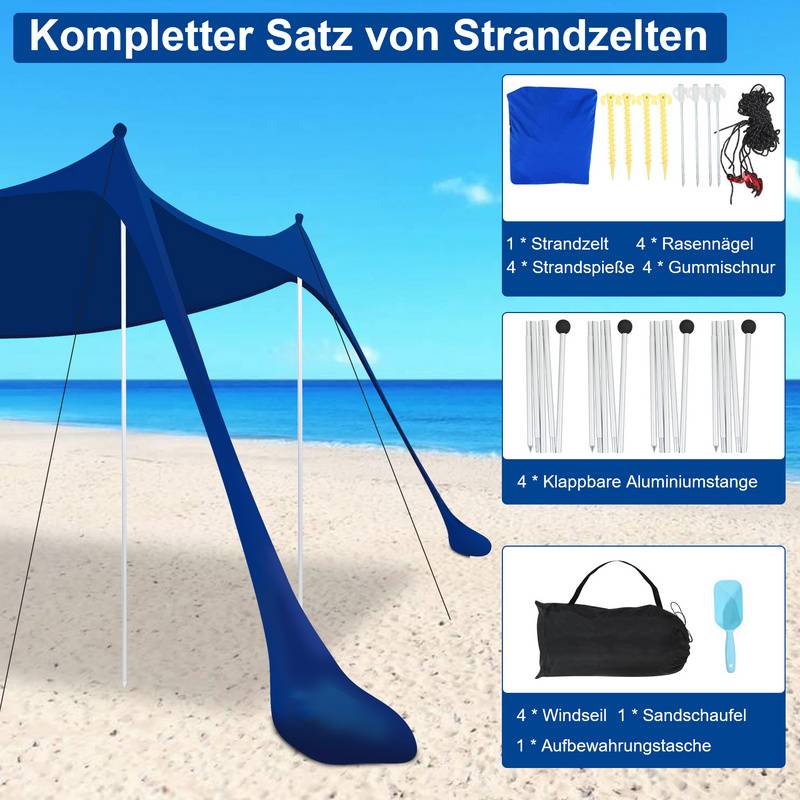 Strandmuschel Lycra mit Tragetasche Sonnendach Sonnensegel Wasserfest Sandsaecken Tragbar UV Schutz 50+ Sonnenschutz Sonnenzelt Strandmuschel fuer