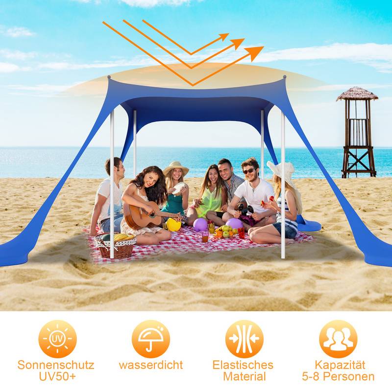Strandmuschel Lycra mit Tragetasche Sonnendach Sonnensegel Wasserfest Sandsaecken Tragbar UV Schutz 50+ Sonnenschutz Sonnenzelt Strandmuschel fuer