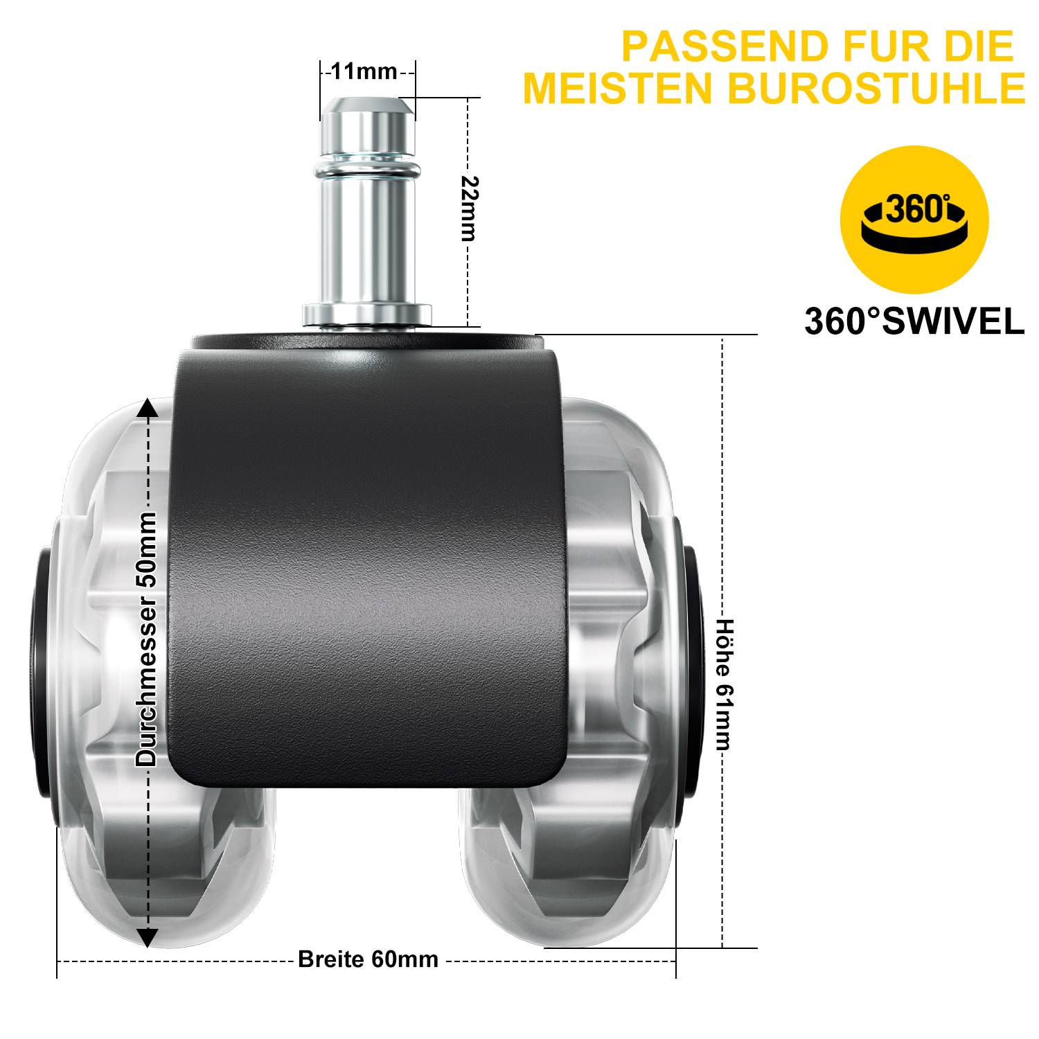 Bürostuhlrollen 20x Stuhlrollen 11x22mm 360 Grad Drehung kratzerfrei für Bürostuhl Gaming-Stuhl