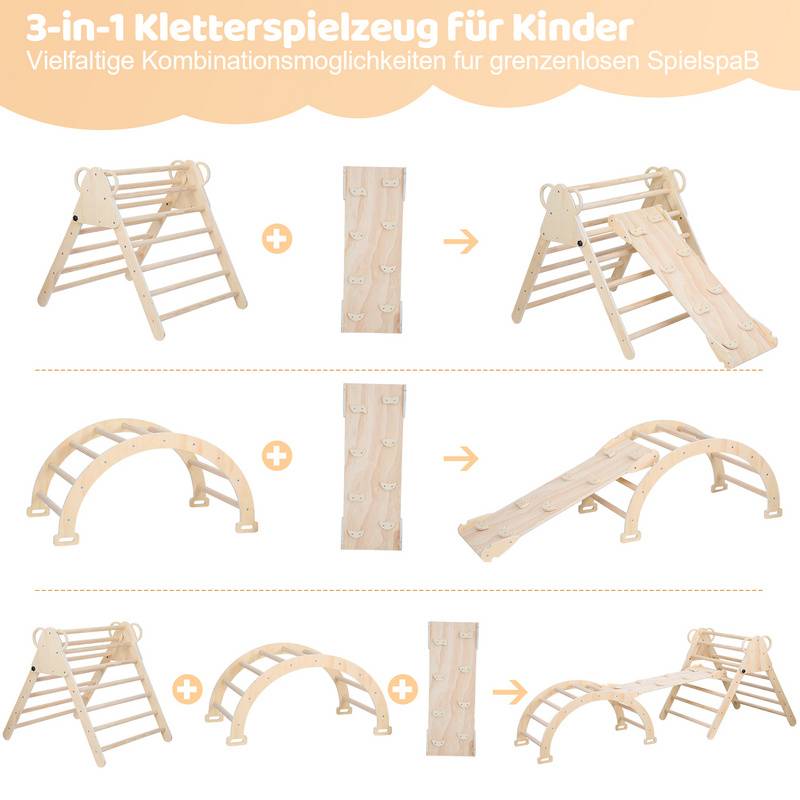 kletterdreieck Klettergerüst Indoor mit Kletterbogen und Rutsche Natur