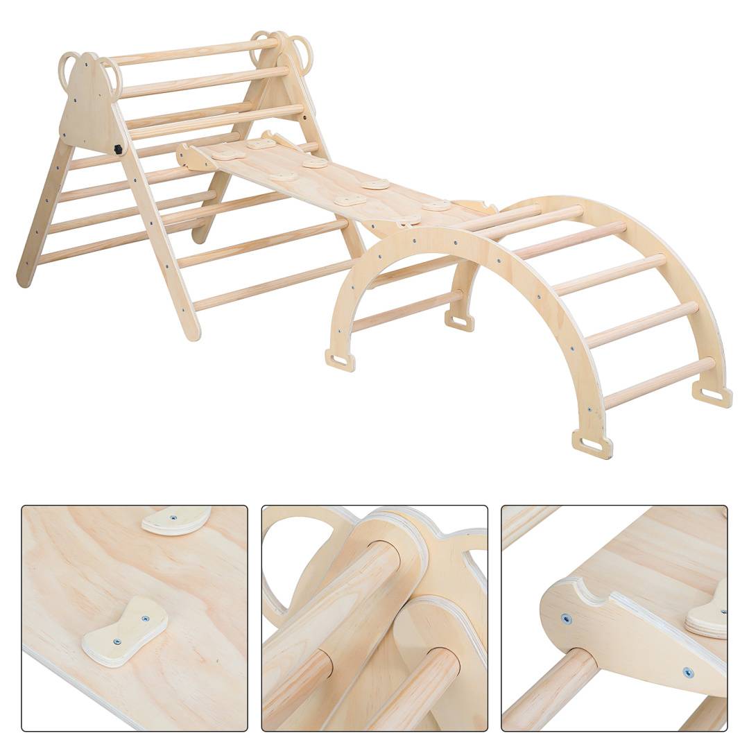 Holzbasierte Indoor-Kletteranlage mit Rampe und Bögen, gezeigt vollständig zusammengebaut und in drei Nahaufnahmen der Verbindungsstellen und Holzoberfläche.