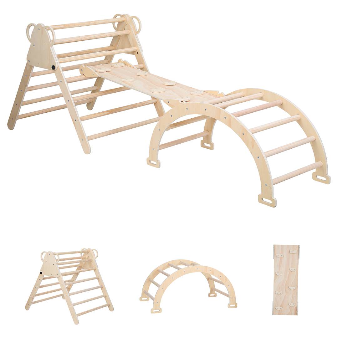 Holz-Klettergym Set für drinnen mit verstellbarer Leiter, Bogensteg und Wandpanel-Befestigungen für Kinder.