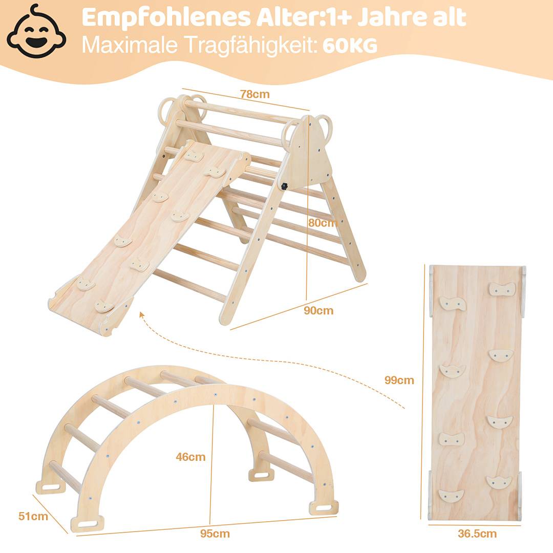 Holzspielplatz zum Klettern für Kinder mit Rutsche, Bogen und Leiter; empfohlenes Alter 1+, maximale Belastung 60 kg; Größenabmessungen wie abgebildet.