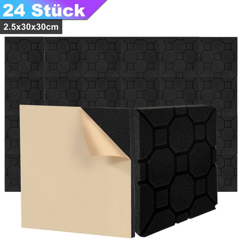 24X Akustikschaumstoff Selbstklebend Schwarz Absorber Quadrat schaumstoffe,30x30x2.5cm