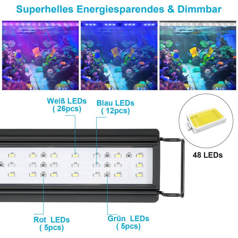 45-70 cm LED Aquarium Lampe Tank Leuchtet Unterwasser Beleuchtung Dimmbar 3 Lichtmodi mit Timer,18W
