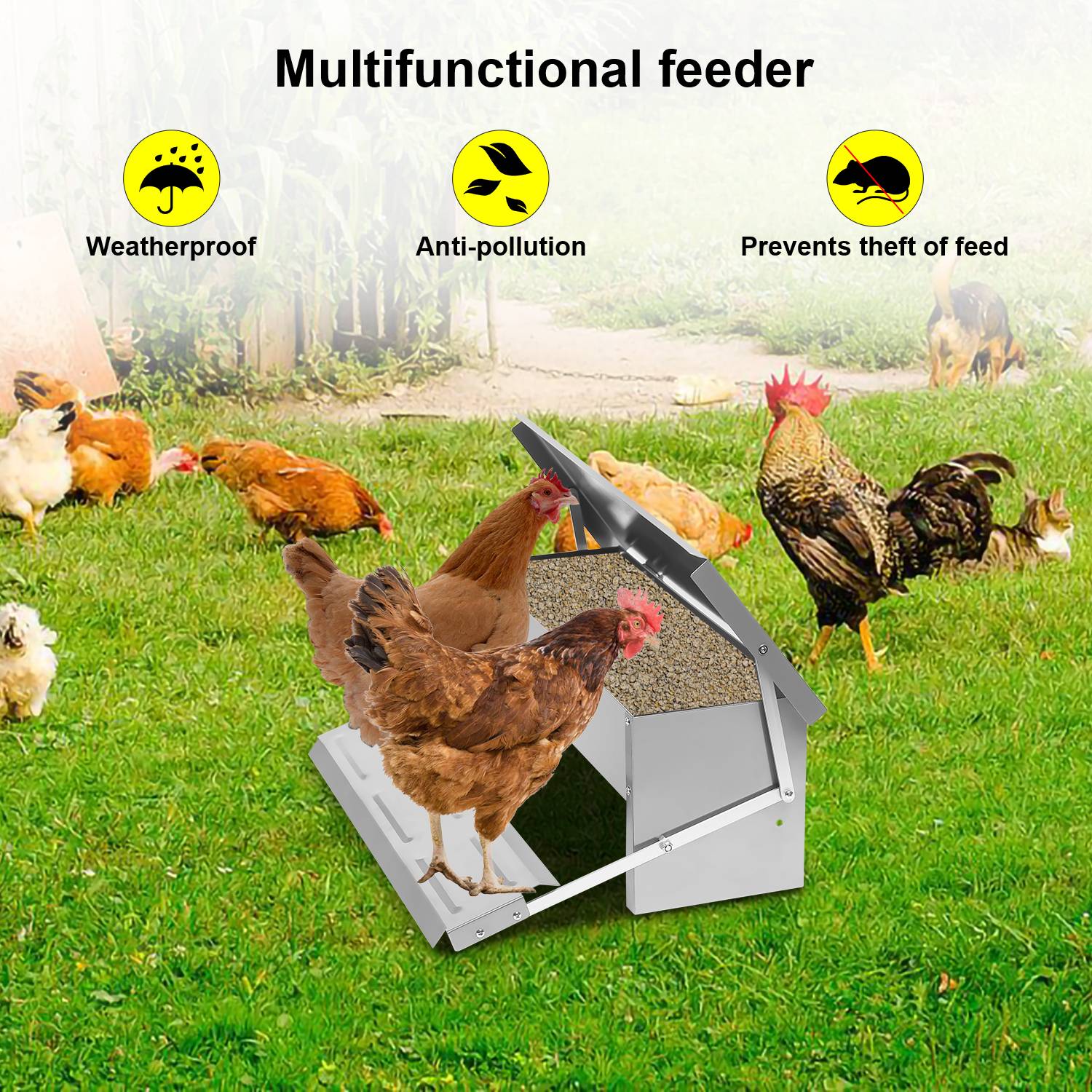 Futterautomat Hühner Hühnerfutterautomat für Geflügel, Wasserdicht und rattensicher aus Verzinkter Stahl 5KG Futterspender Futtertrog mit Automat