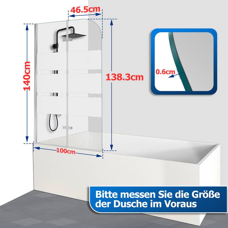 Badewannenaufsatz Duschwand Faltwand Badewanne Duschabtrennung aus 6mm NANO 180° ESG Klar Glas Rechts-und Links montierbar 2-teilig faltbar