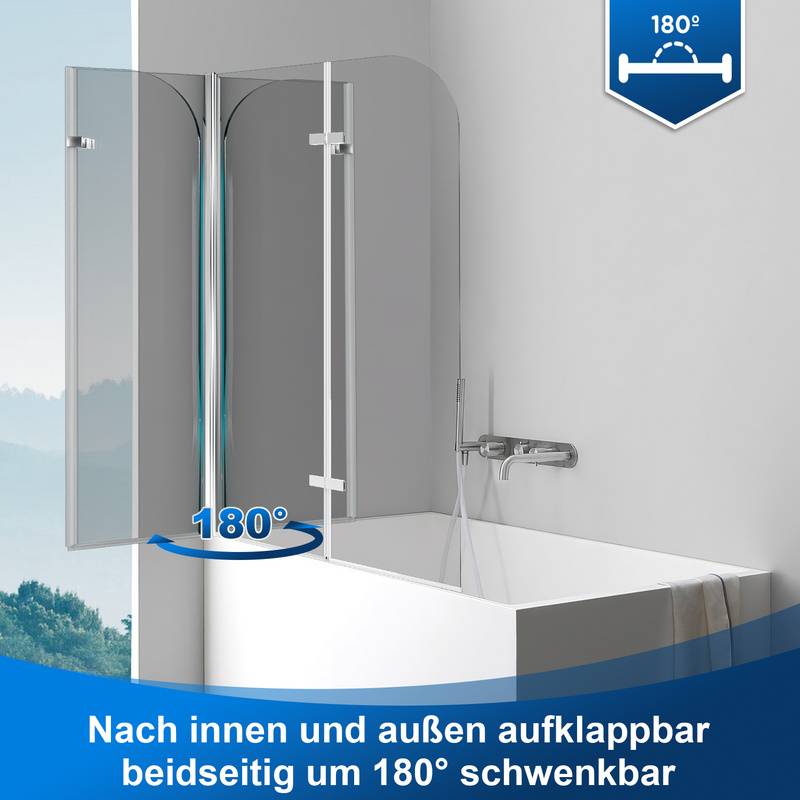 Badewannenaufsatz faltbar Klar NANO Glas ESG 6mm Duschabtrennung für Badewannen 2-teilig faltbar 100*140CM Silber