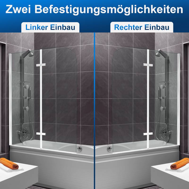 Badewannenaufsatz Duschwand Faltwand Badewanne Duschabtrennung aus 6mm NANO 180° ESG Klar Glas Rechts-und Links montierbar 2-teilig faltbar