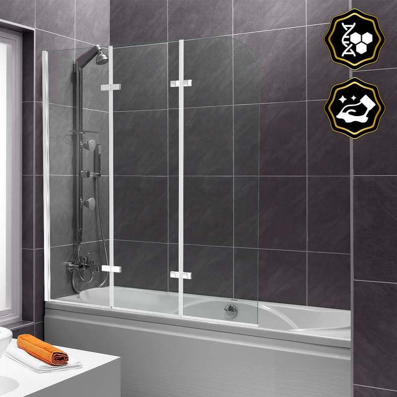 Badewannenaufsatz Faltwand Badewanne Duschabtrennung Duschwand aus 6mm NANO einfach-Reinigung Beschichtung 183° ESG Klar Glas 3-teilig faltbar