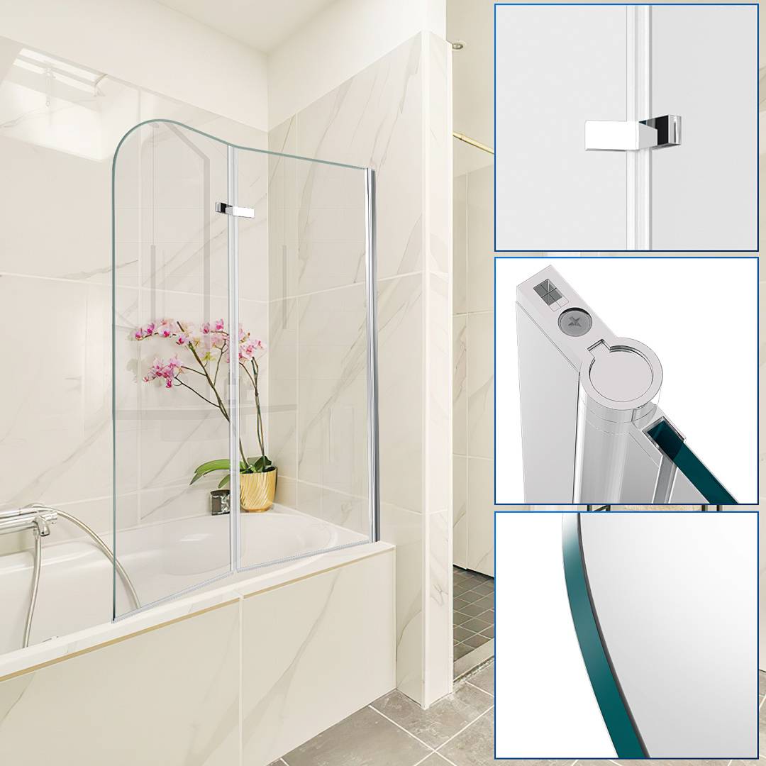 Glasduschtrennwand für die Badewanne mit Chromscharnier und türkisem Dichtungsstreifen, installiert neben einer Badewanne in einem hellen Badezimmer gezeigt, mit Detailaufnahmen im Nahbereich.