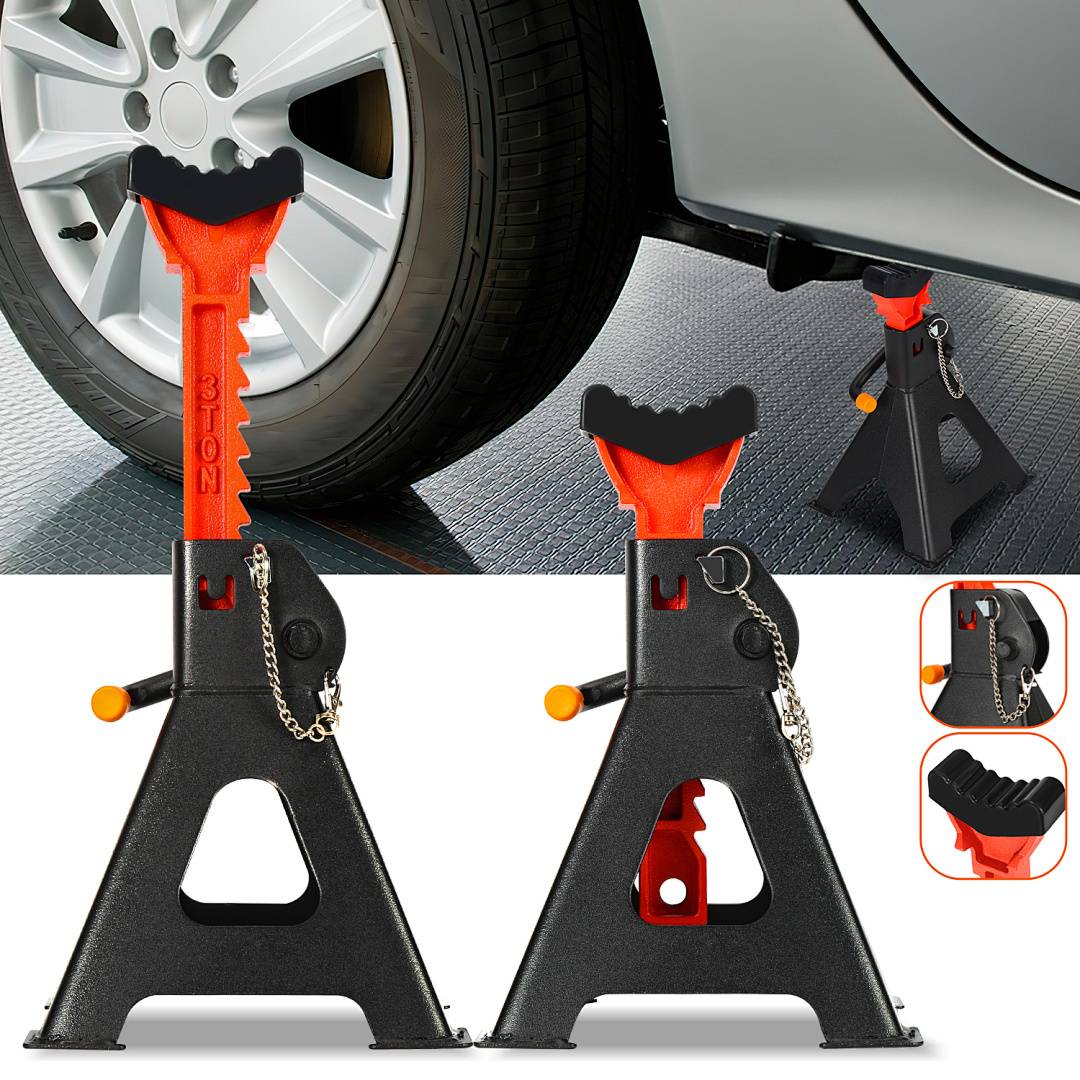 Autoreifen, gestützt durch verstellbare Wagenheber, mit Nahaufnahme von zwei schwarz-orangefarbenen Ständern und eingefügten Detailaufnahmen des Verriegelungsmechanismus und der oberen Auflagefläche.
