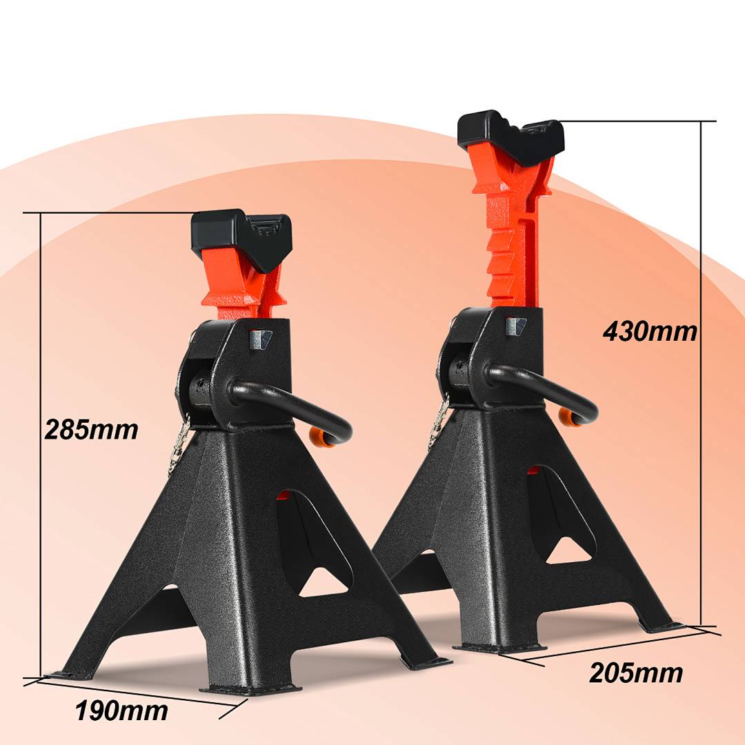 Zwei nebeneinander abgebildete Wagenheber mit verstellbaren roten Säulen; Abmessungen mit 285mm, 430mm, 190mm und 205mm gekennzeichnet.