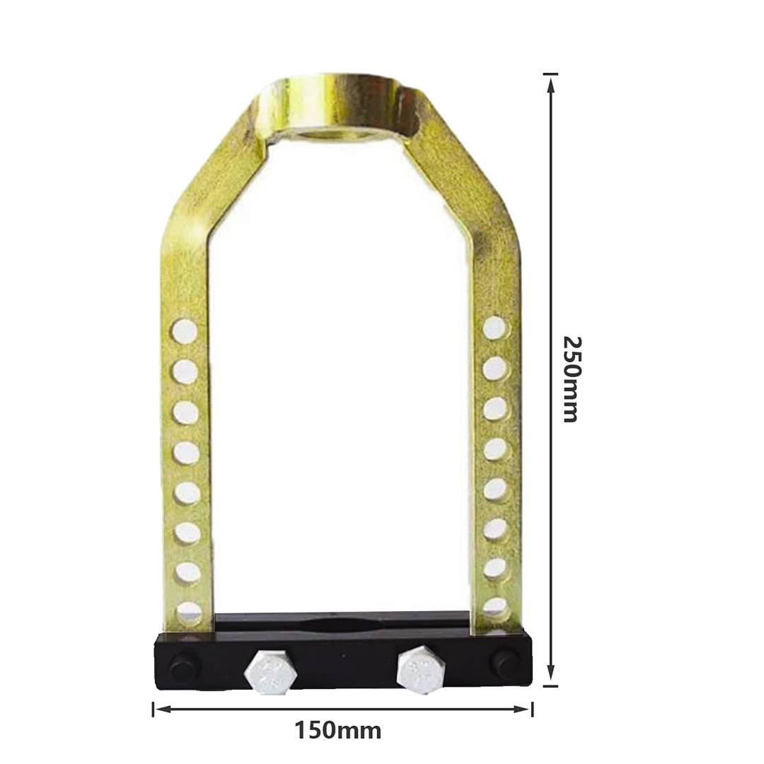 Eine metallische U-förmige Halterung mit mehreren Seitenlöchern, dargestellt mit den Abmessungen 250 mm Höhe und 150 mm Breite.