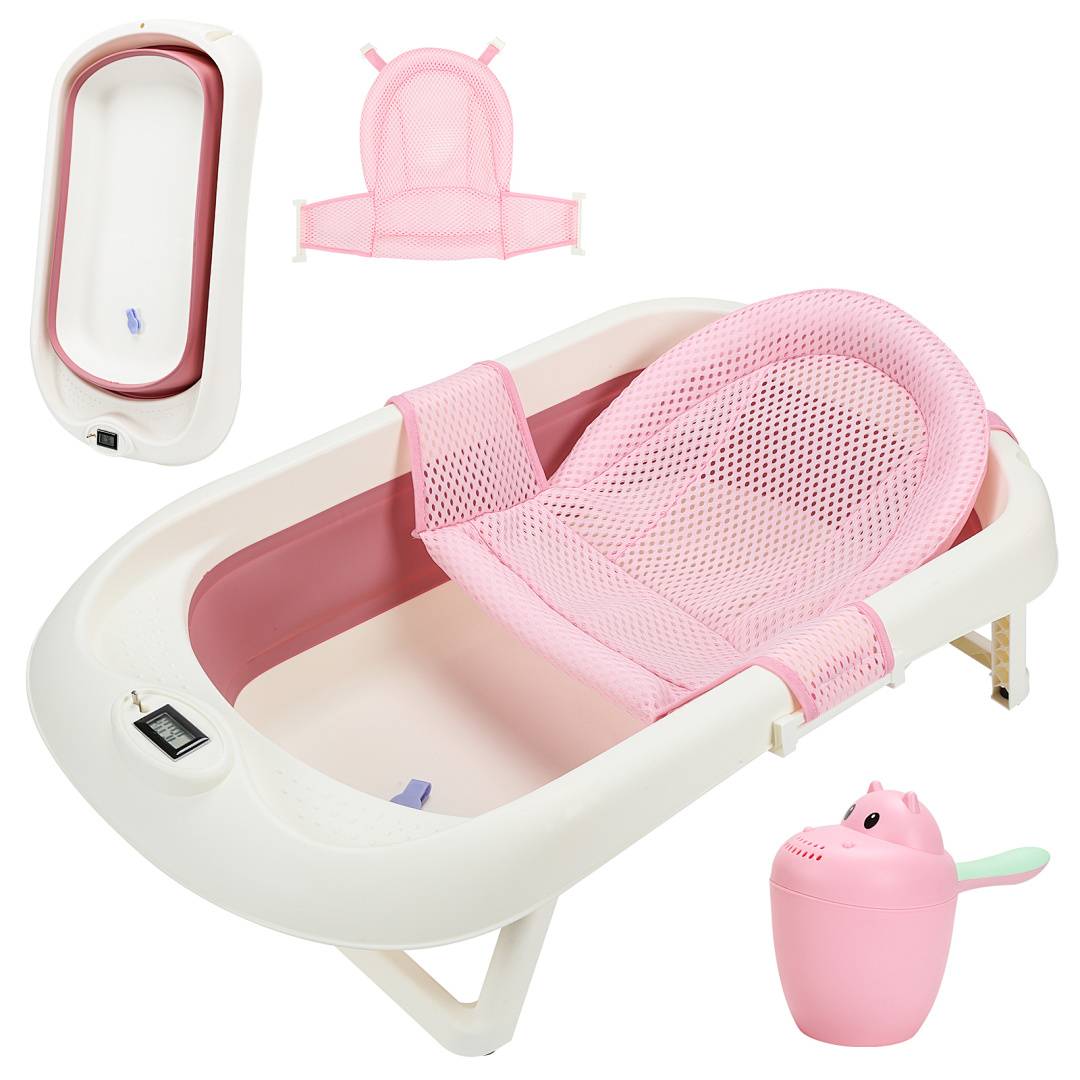 Rosa Babybadewanneneinsatz mit weißer zusammenklappbarer Babybadewanne und passendem rosa Seifenbecher, der die Produktausstattung und das Zubehör zeigt.