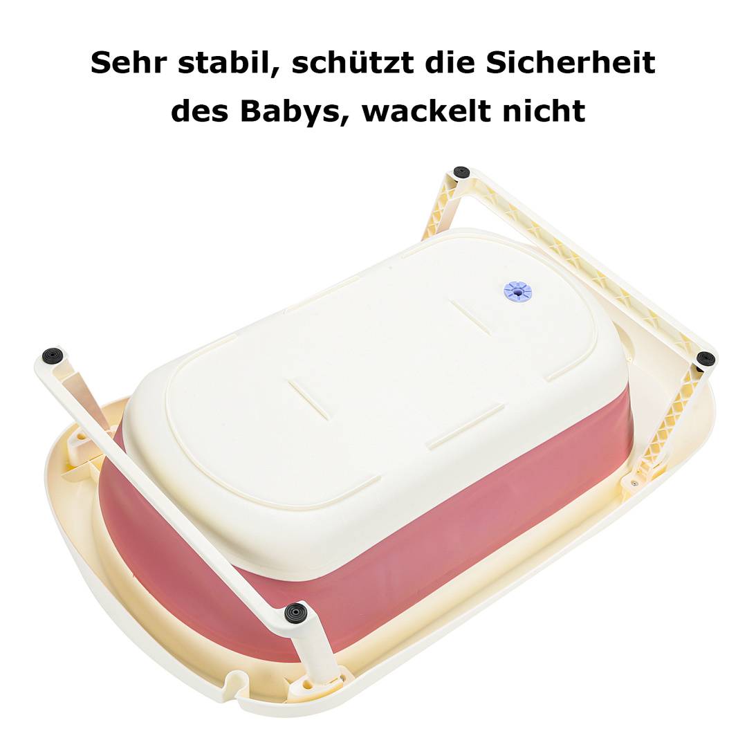 Babywanne mit klappbarem Stützrahmen dargestellt; deutscher Text besagt, dass sie sehr stabil ist, die Sicherheit des Babys schützt und nicht wackelt.
