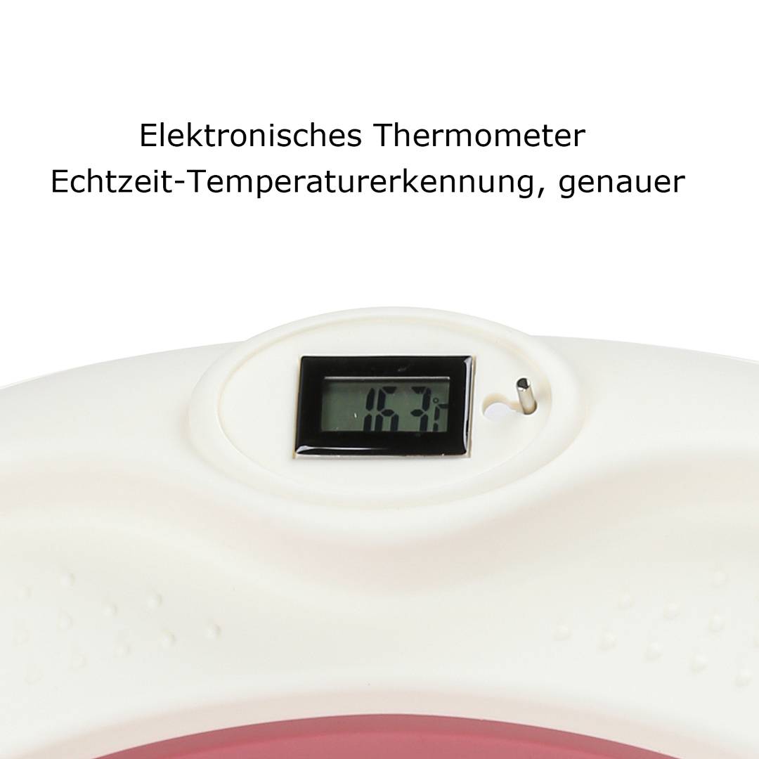 Nahaufnahme eines weißen elektronischen Thermometers mit digitaler Anzeige, die 16,7°C anzeigt, und deutschem Text oben: „Elektronisches Thermometer Echtzeit-Temperaturerkennung, genauer"