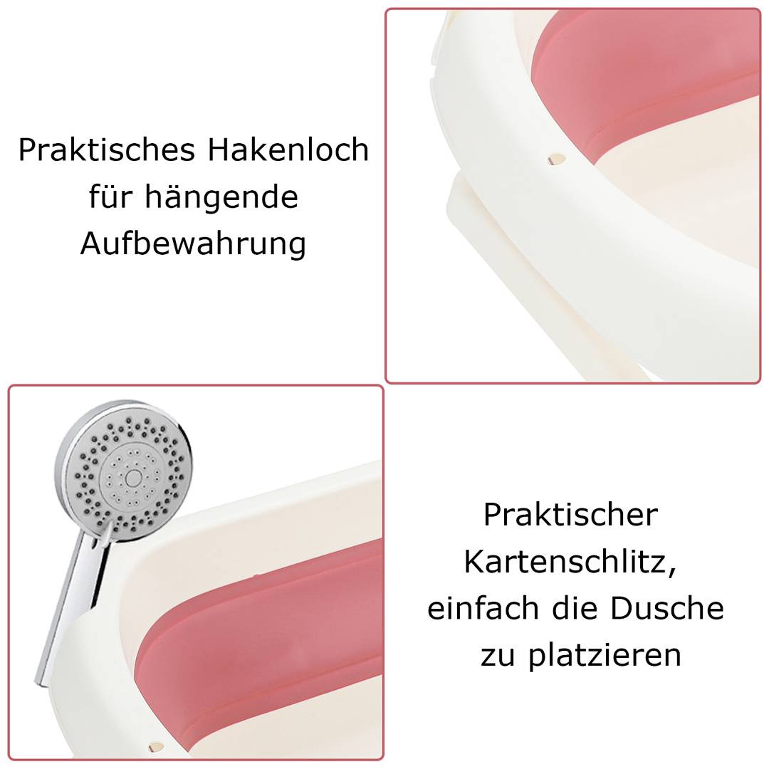 Abbildung einer Badewanne mit Aufhängeloch und Kartenschlitz, auf Deutsch beschriftet als praktische Funktionen zum Aufhängen von Vorratsbehältern und einfacher Platzierung unter der Dusche.