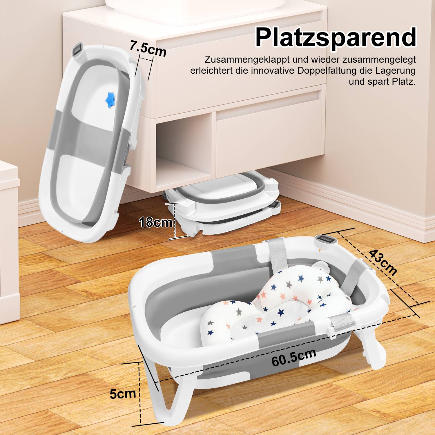 Baby Badewanne Babywanne Bathtub Badesitz faltbar mit Thermometer und verstärkten Haltegurten für Babys für 0-6 Jahre Grau