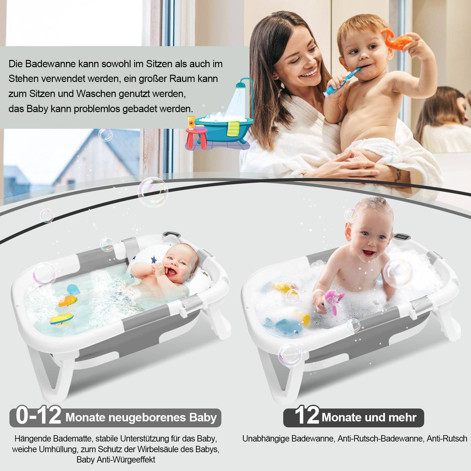 Baby Badewanne Babywanne Bathtub Badesitz faltbar mit Thermometer und verstärkten Haltegurten für Babys für 0-6 Jahre Grau