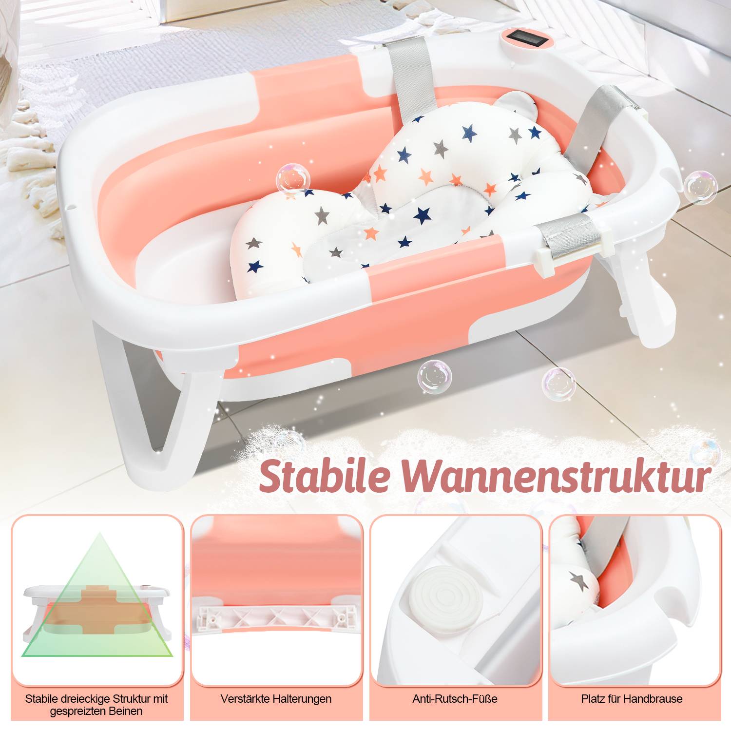 Baby Badewanne Babywanne Bathtub Badesitz faltbar mit Thermometer und verstärkten Haltegurten für Babys für 0-6 Jahre Rosa