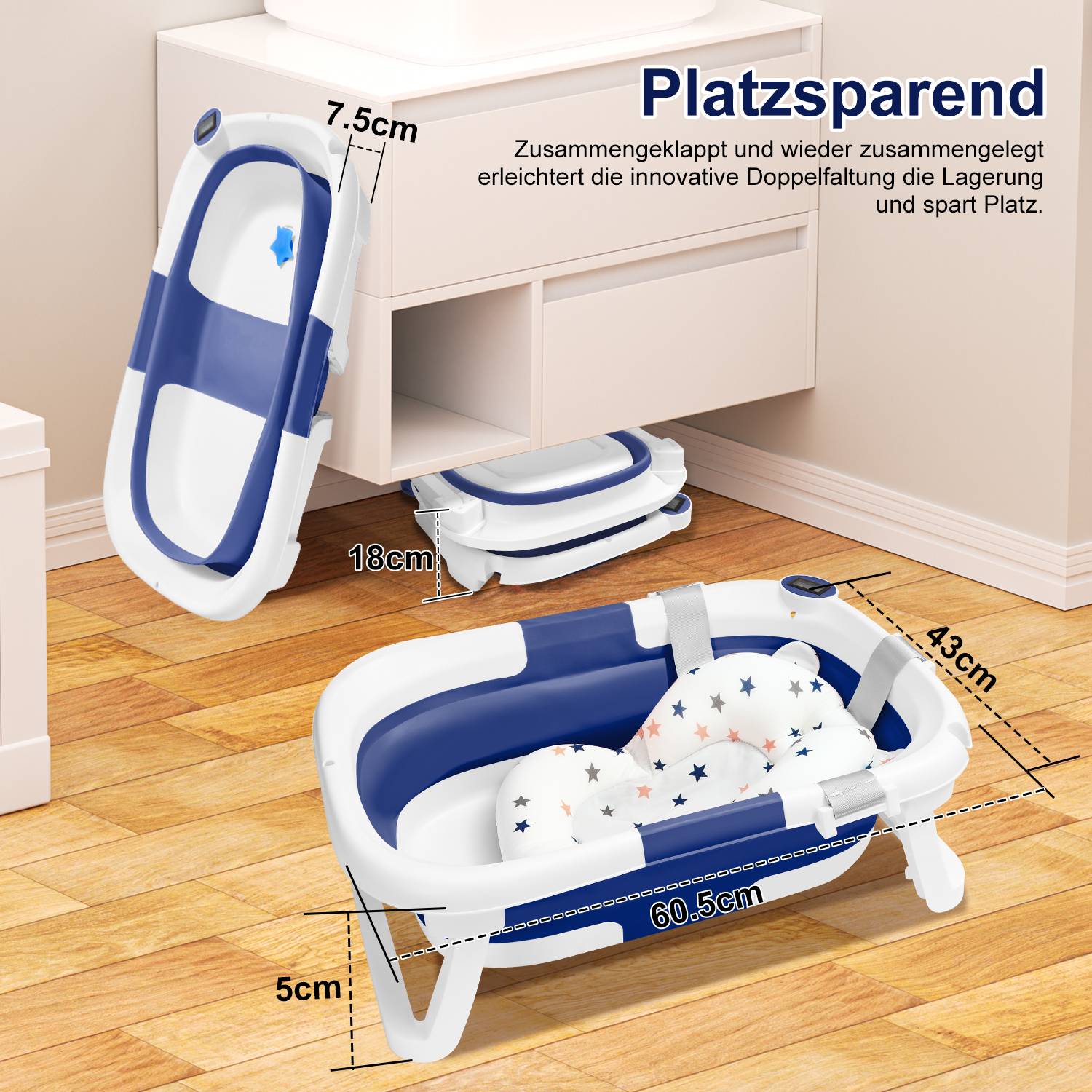 Baby Badewanne Babywanne Bathtub Badesitz faltbar mit Thermometer und verstärkten Haltegurten für Babys für 0-6 Jahre Blau