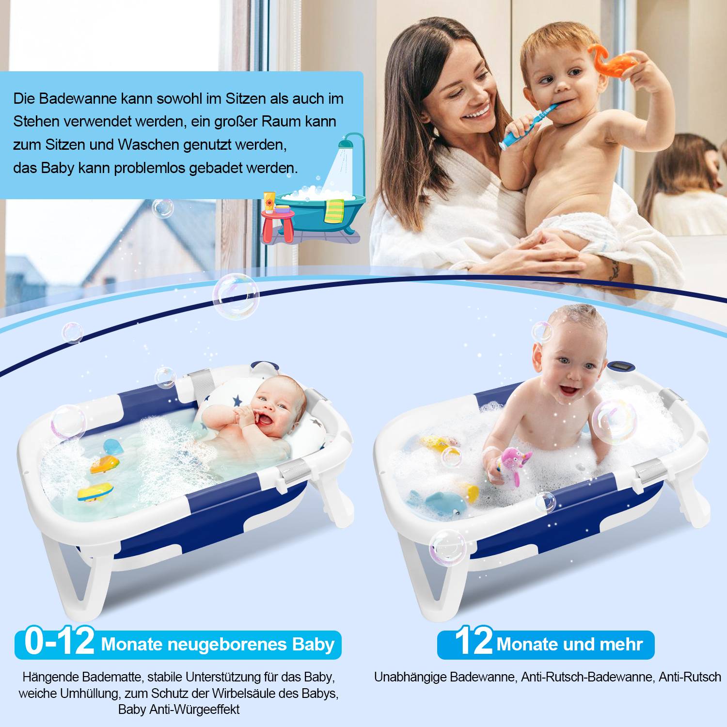 Baby Badewanne Babywanne Bathtub Badesitz faltbar mit Thermometer und verstärkten Haltegurten für Babys für 0-6 Jahre Blau