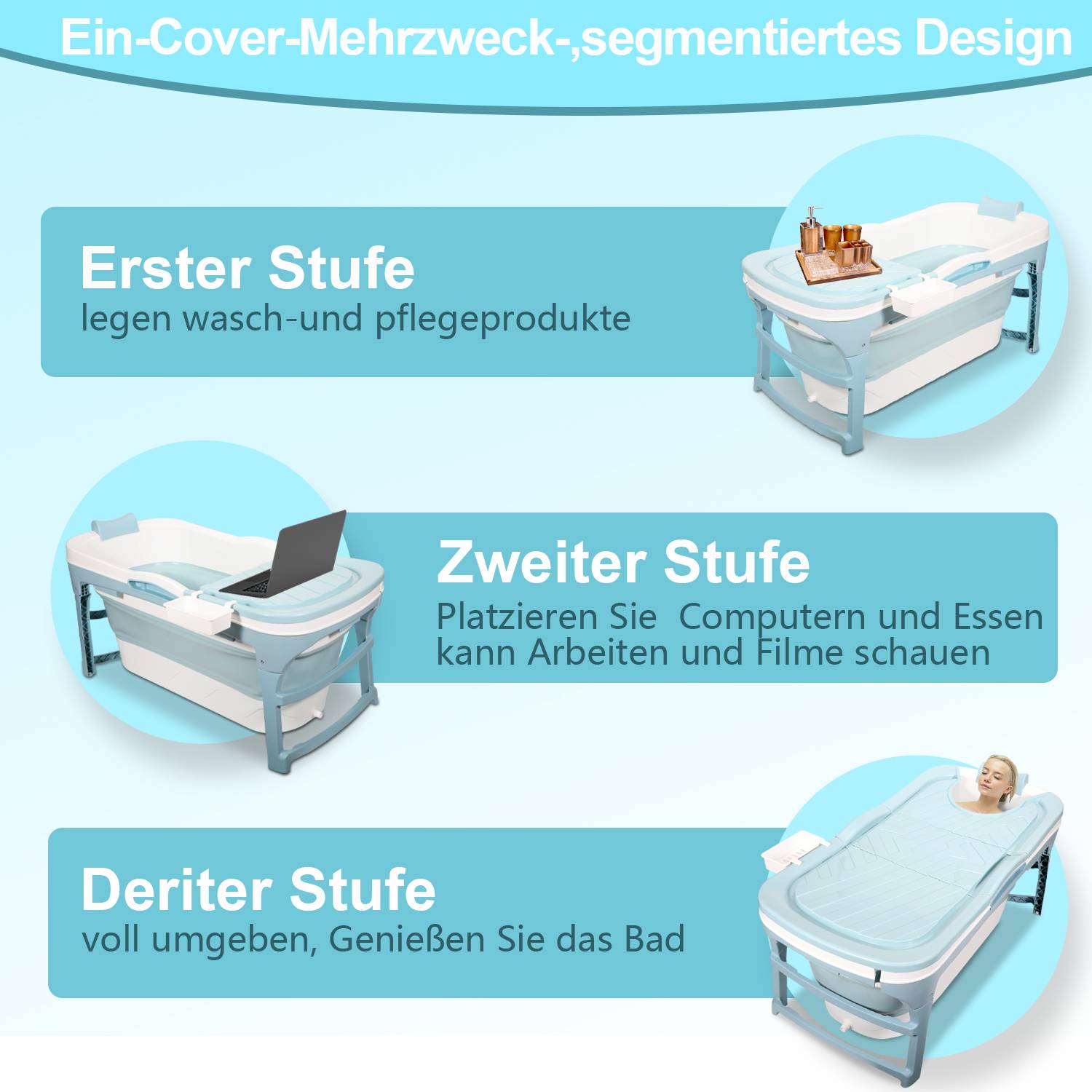 Faltbare Badewanne 118cm Mobile Badewann Erwachsene Klappbadewanne Kleinkinder kleines Badezimmer Blau