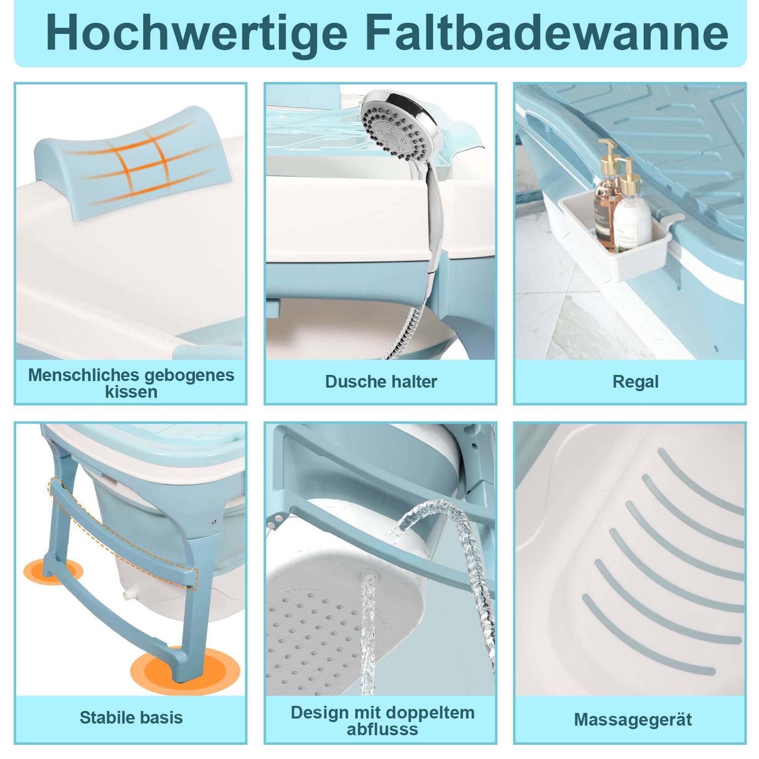 Faltbare Badewanne 118cm Mobile Badewann Erwachsene Klappbadewanne Kleinkinder kleines Badezimmer Blau