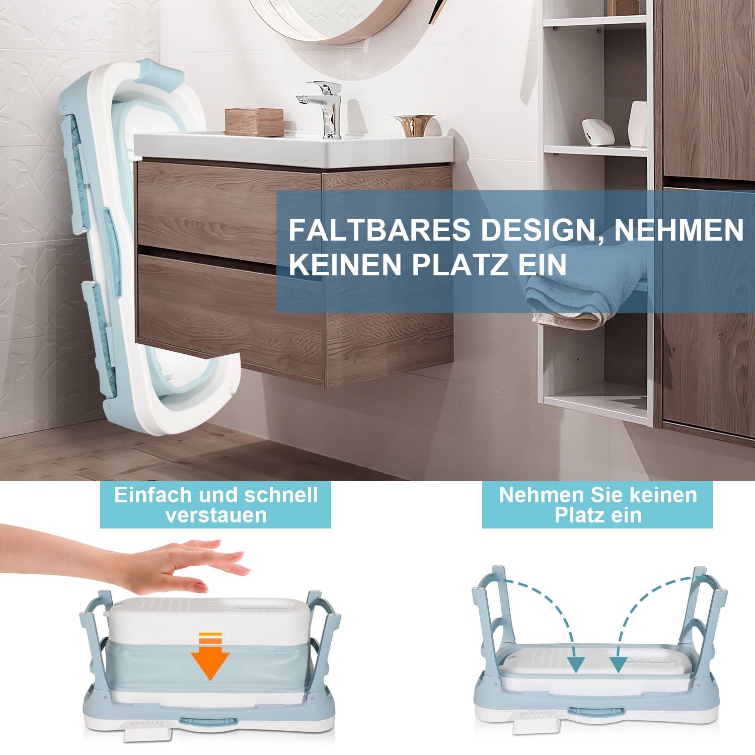 Faltbare Badewanne 118cm Mobile Badewann Erwachsene Klappbadewanne Kleinkinder kleines Badezimmer Blau