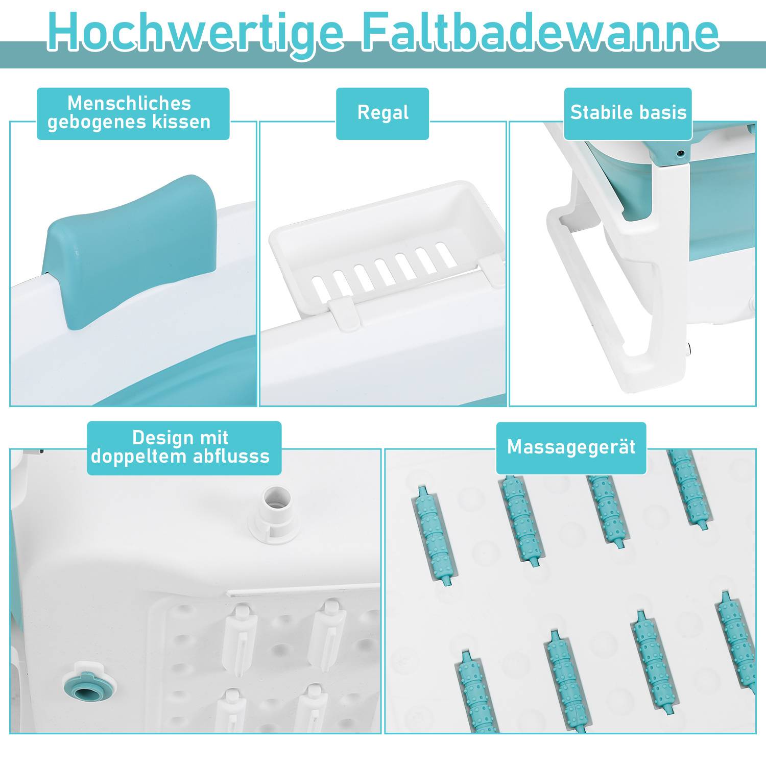Infografik einer hochewertigen Badewanne mit ergonomischer Kopfstütze, integriertem Regal, stabilem Sockel, doppeltem Abflusssystem und Massagedüsen.