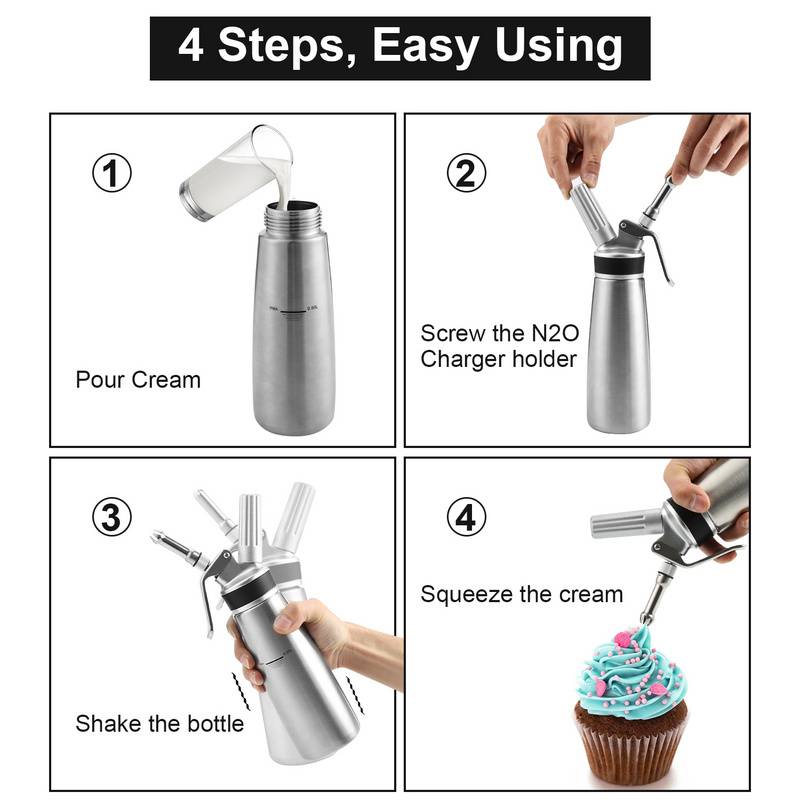 Sahnespender Edelstahl Sahnebereiter 500ml Sahnesyphon mit 3 Edelstahl Deko-Düsen Rostfrei Schlagsahne Dispenser Für Desserts Gebäck Sahne, Soßen